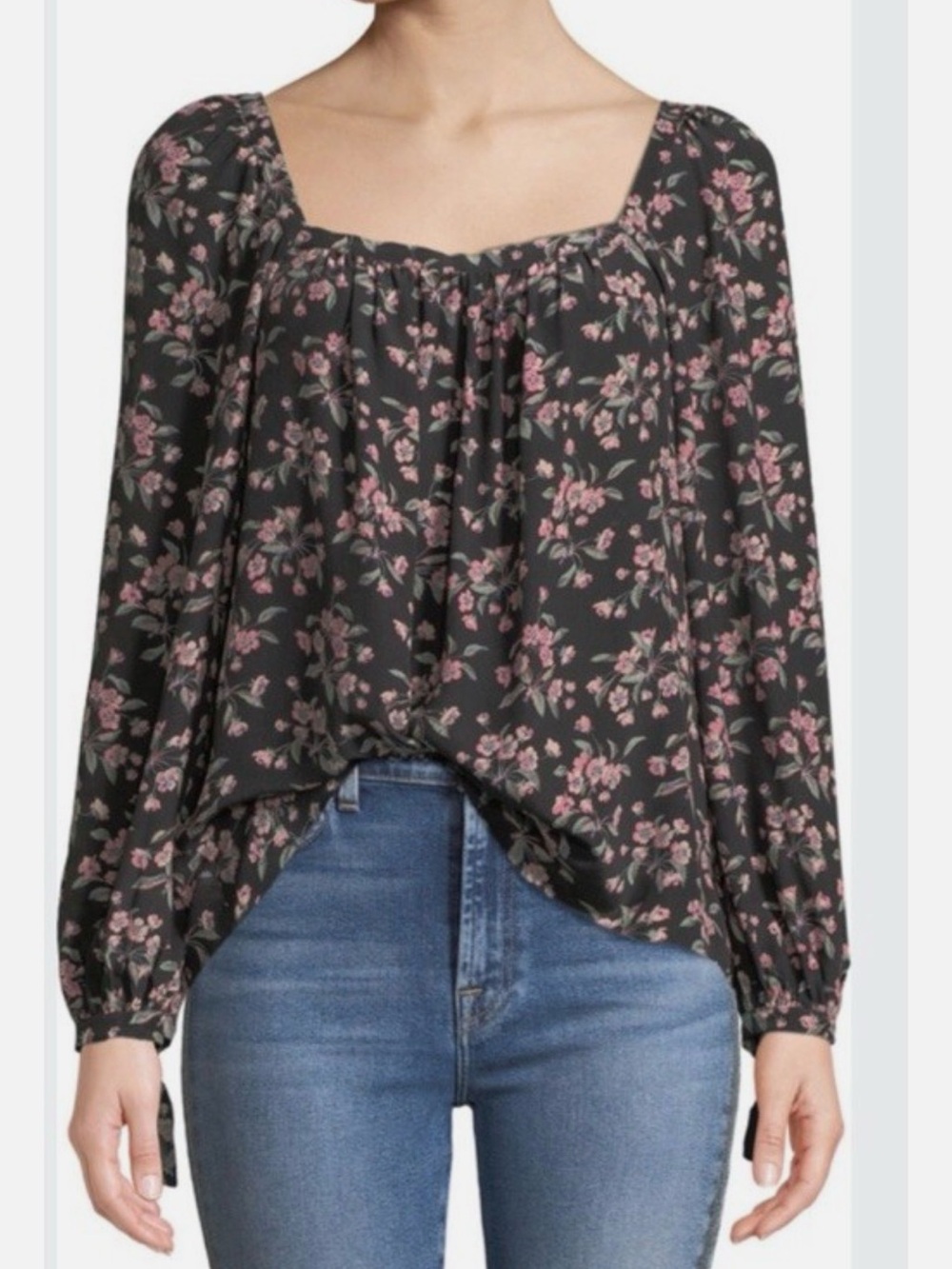 Rebecca Taylor Black Blouse with Pink Floral Print and Tie Cuffs Size XS